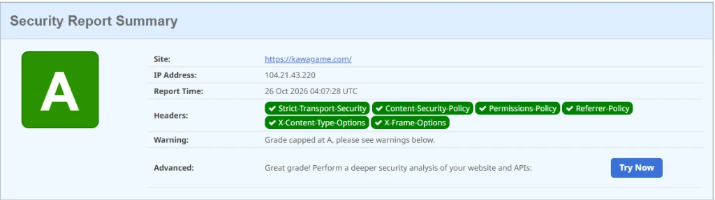 SecurityHeaders.com Report Grade A with all headers green for kawagame.com